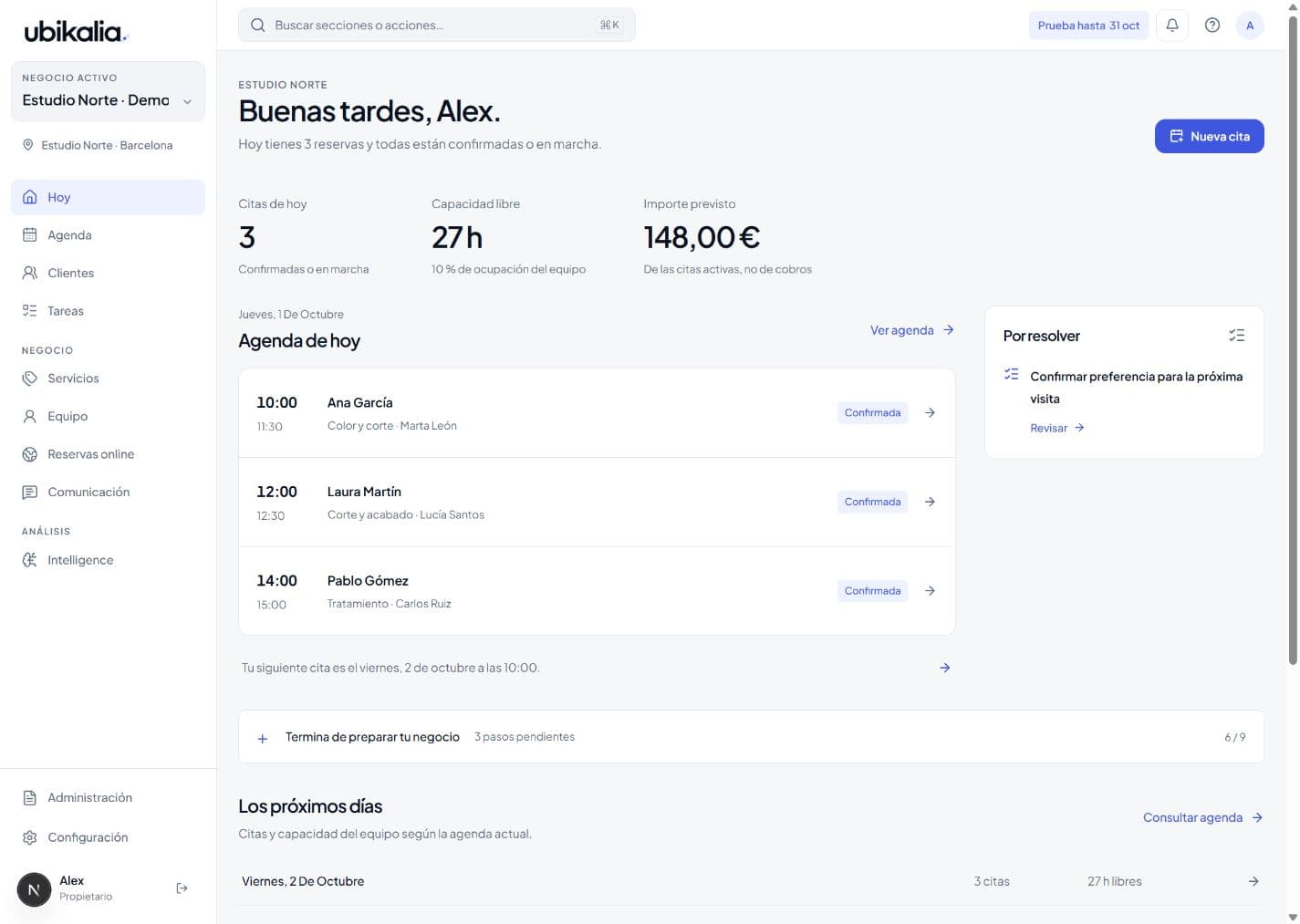 Vista real de Hoy en Ubikalia con las citas, la capacidad del equipo y las tareas del negocio de demostración Estudio Norte